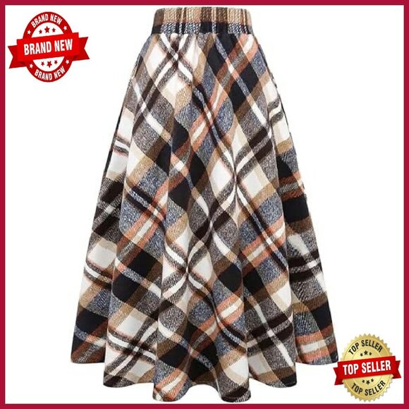 Long Wool Plaid Skirt High Waist A-Line Pleated Midi Fall Winter - Picture 3 of 7